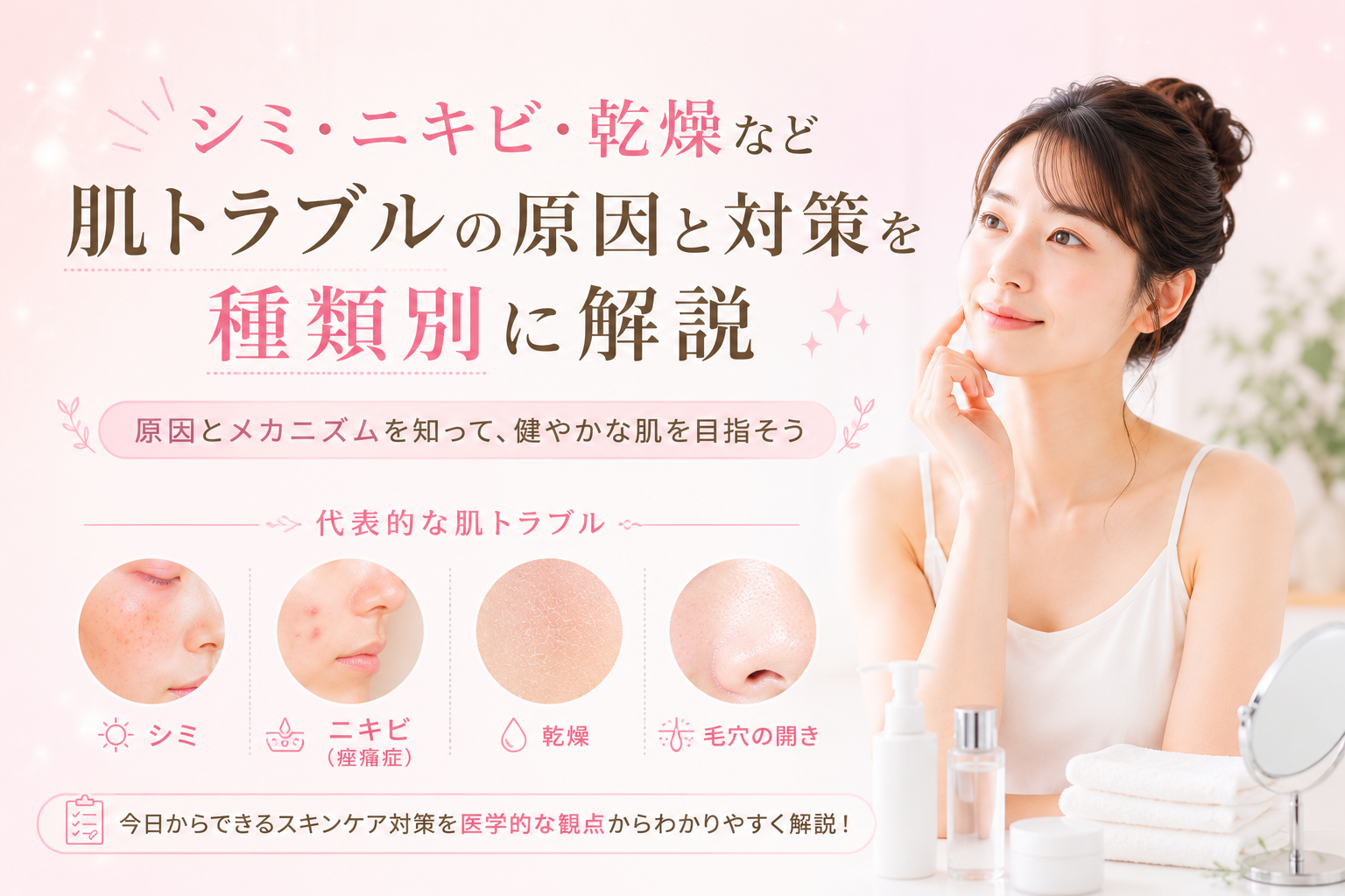シミ・ニキビ・乾燥など肌トラブルの原因と対策を種類別に解説