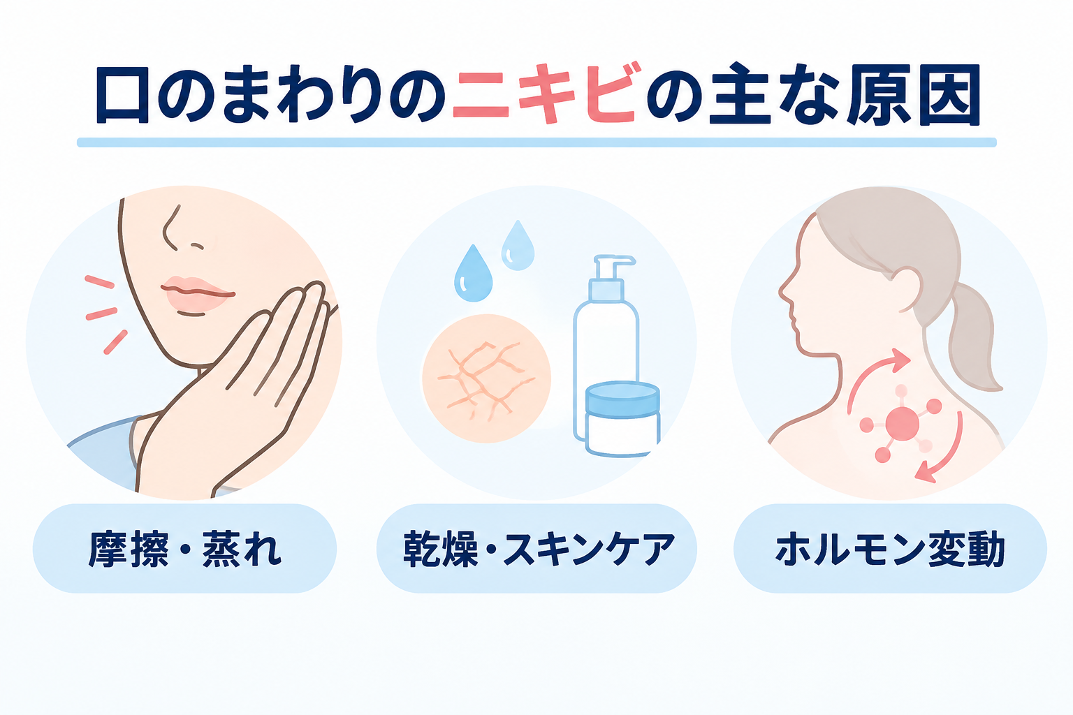 口のまわりのニキビの主な原因|摩擦・蒸れ|乾燥・スキンケア|ホルモン変動