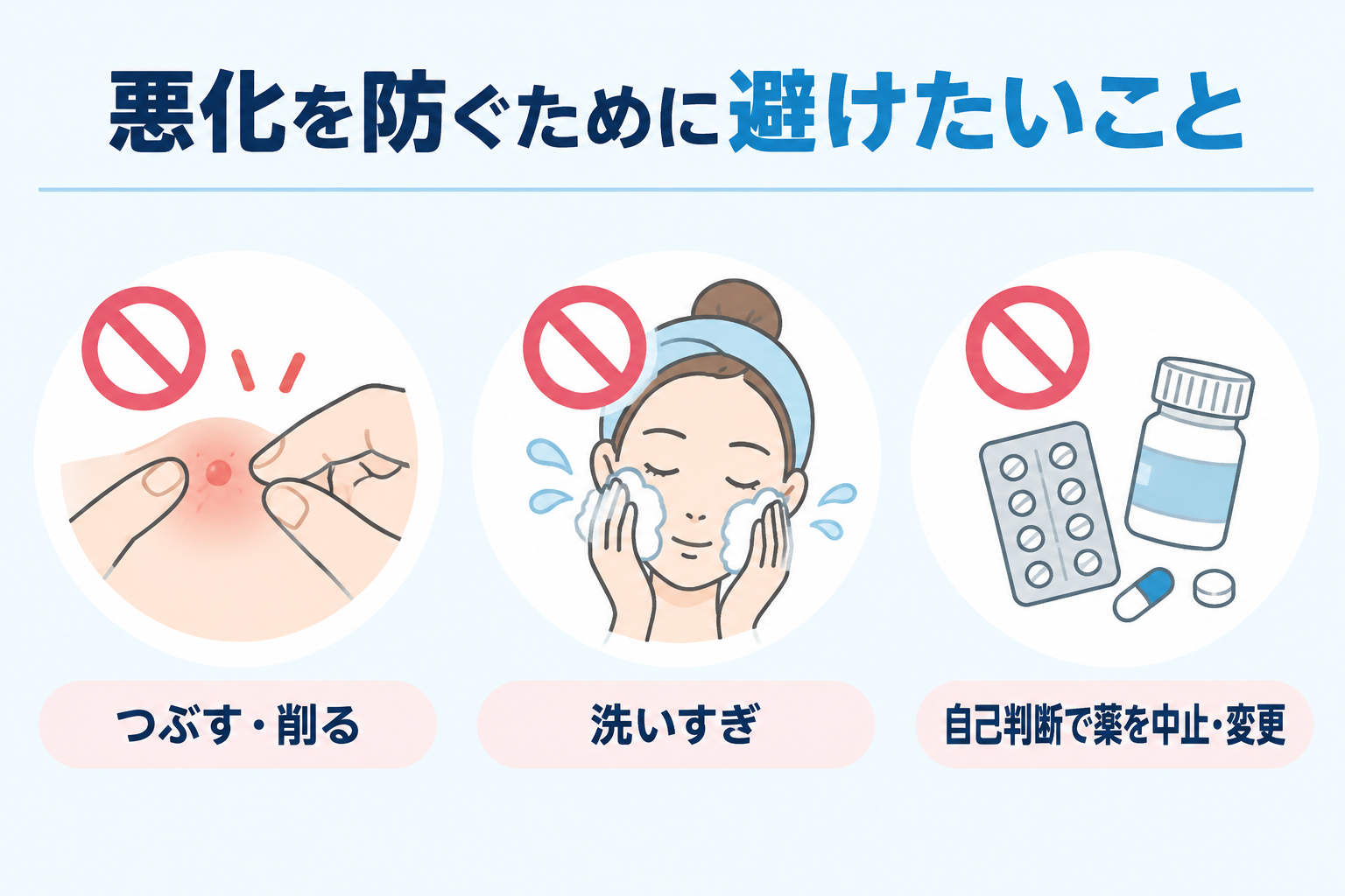 悪化を防ぐために避けたいこと|つぶす・削る|洗いすぎ|自己判断で薬を中止・変更