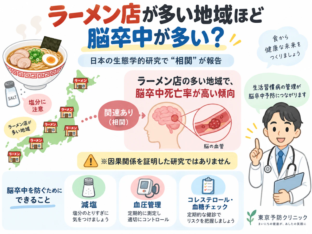 「ラーメン店が多い地域ほど、脳卒中が多いのでしょうか？」