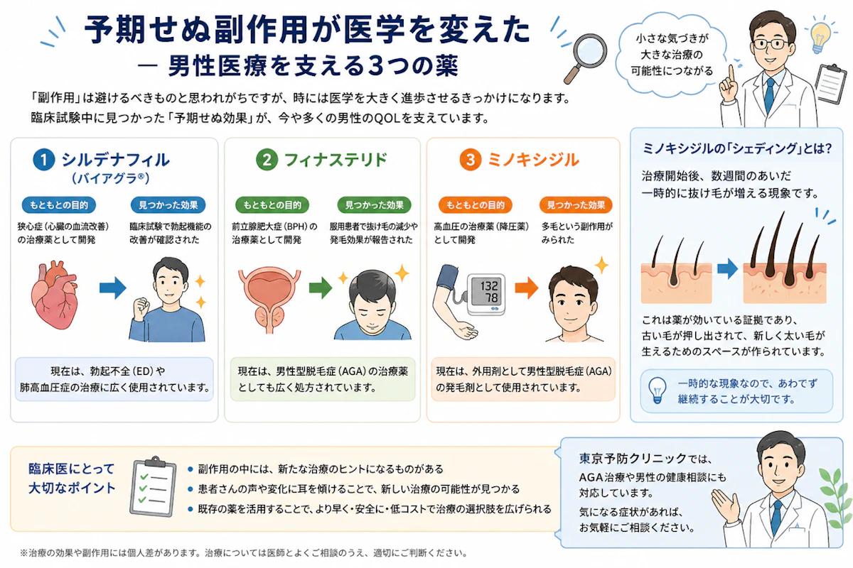 予期せぬ副作用が医学を変えた ― 男性医療を支える3つの薬