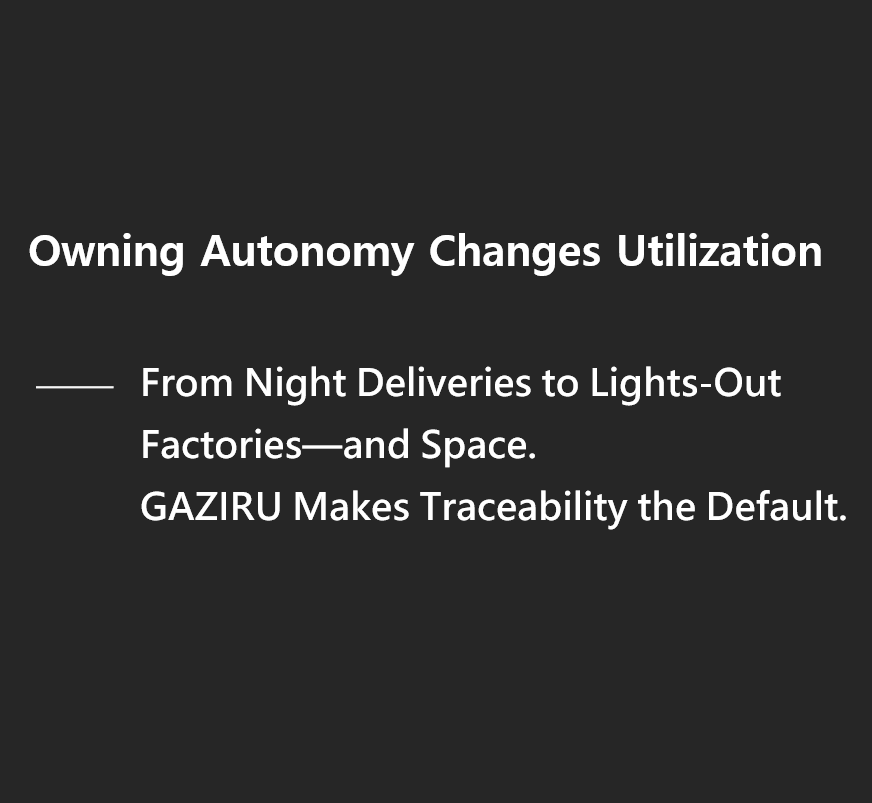 Owning Autonomy Changes Utilization From Night Deliveries to Lights‑Out Factories—and Space. GAZIRU Makes Traceability the Default.