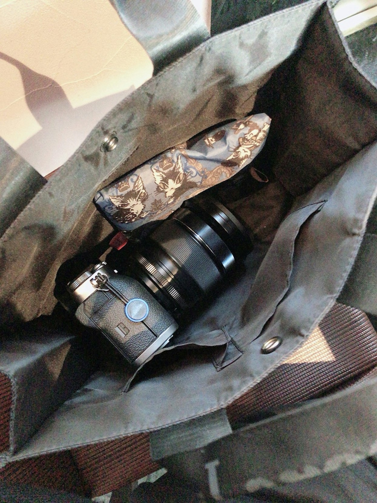 カメラバッグの中にあるカメラと装飾的なカメラストラップ