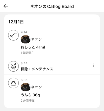 Catlog Boardのアプリ画面。12月1日の履歴が表示されており、6時36分にネオンという黒猫が36gのうんち（2分間滞在）、8時44分に掃除・メンテナンス、9時14分にネオンが41mlのおしっこ（1分間滞在）をした記録が、各アイコンと共に時系列で並んでいる。