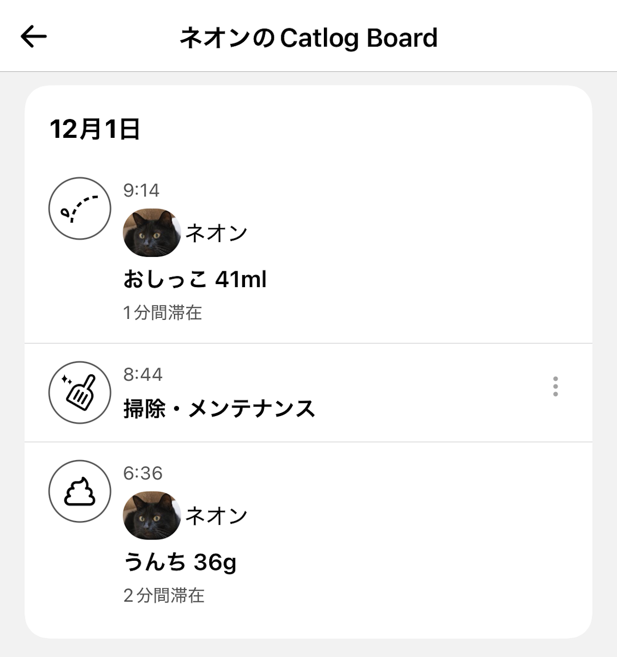 Catlog Boardのアプリ画面。12月1日の履歴が表示されており、6時36分にネオンという黒猫が36gのうんち（2分間滞在）、8時44分に掃除・メンテナンス、9時14分にネオンが41mlのおしっこ（1分間滞在）をした記録が、各アイコンと共に時系列で並んでいる。