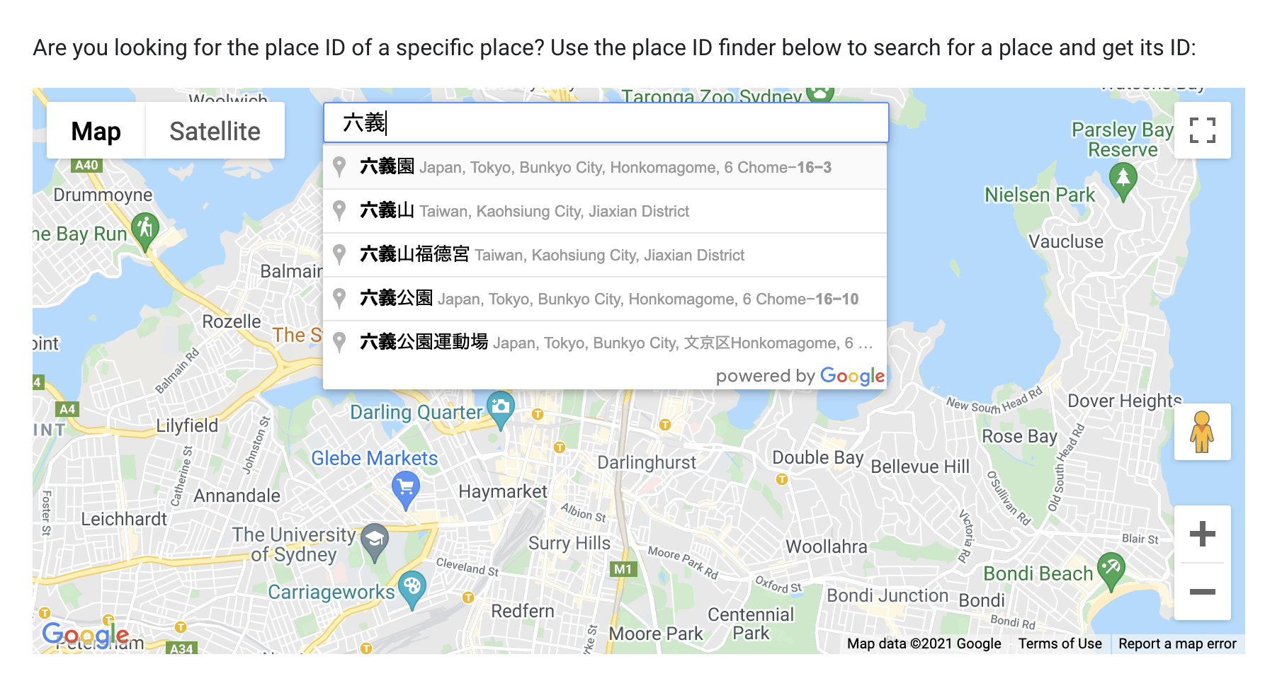 表示したい場所の名称（六義園）を入力中の様子