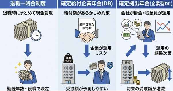退職一時金、確定給付企業年金、確定拠出年金についての図解