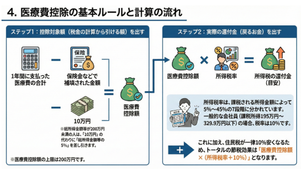 【医療費控除の基本ルールと計算の流れ】
(1年間に支払った医療費の合計 - 保険金などで補填された金額) - 10万円 = 医療費控除額
医療費控除額 × 所得税率 = 所得税の還付金(目安)