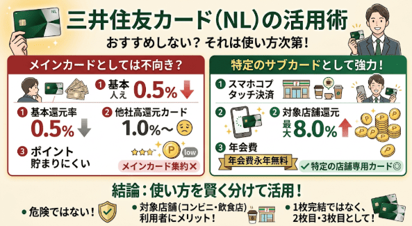 結論：三井住友カード（NL）はおすすめしないわけではない！使い方次第で便利なサブカードに