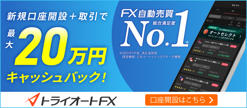 トライオートFXの口座開設ページへ(新規口座開設+取引で最大20万円キャッシュバック)