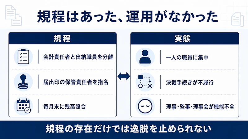 規程上の職務分離・印鑑管理・月末照合と、一人への集中・決裁不履行・監督機能不全という実態の対比