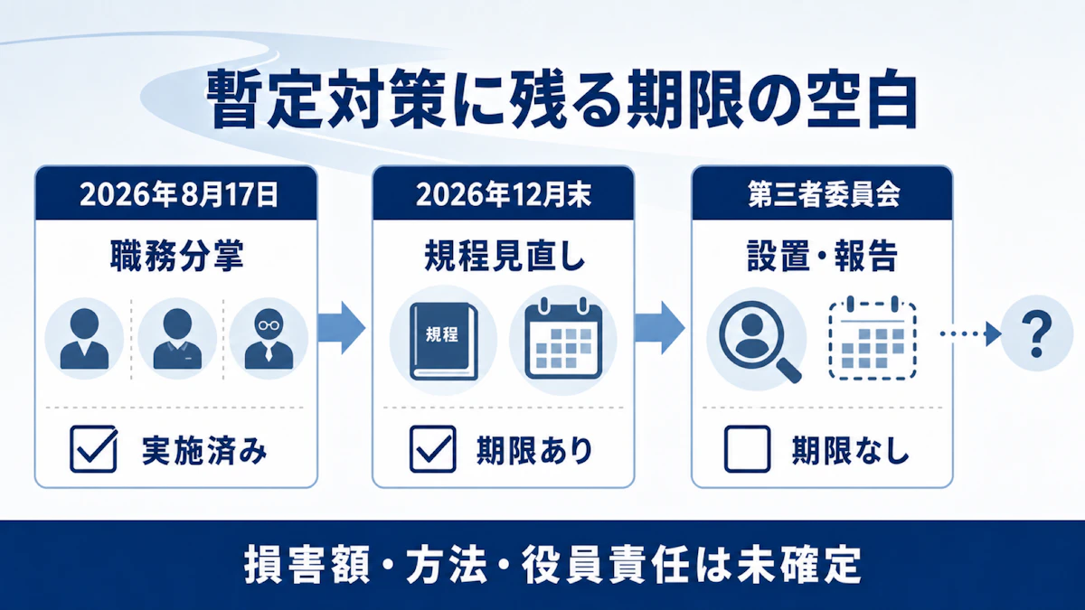 職務分掌は実施済み、規程見直しは2026年12月末が期限、第三者委員会の設置・報告は期限なしという対比