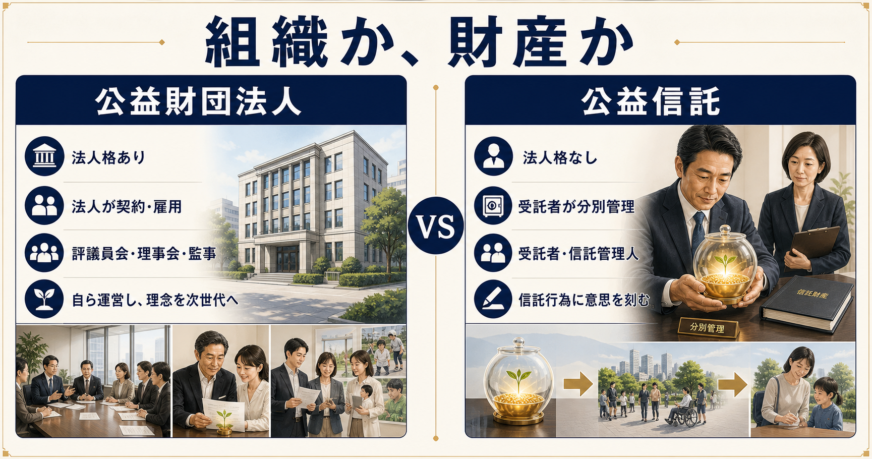 法人格のある組織である公益財団法人と目的に拘束された財産である公益信託の比較