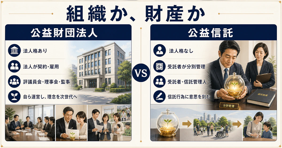 法人格のある組織である公益財団法人と目的に拘束された財産である公益信託の比較