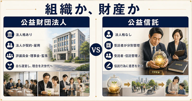 法人格のある組織である公益財団法人と目的に拘束された財産である公益信託の比較