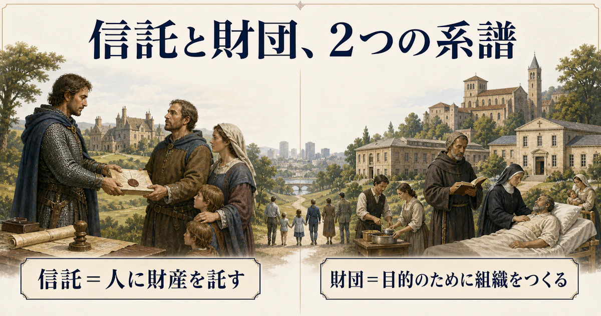 人に財産を託す信託と目的のために組織をつくる財団という2つの歴史的系譜
