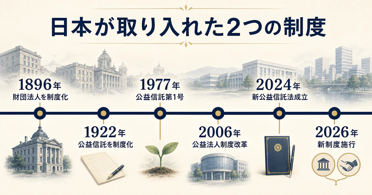 1896年の財団法人制度化から2026年の新公益信託制度施行までの年表