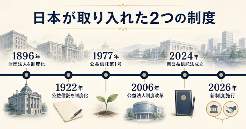 1896年の財団法人制度化から2026年の新公益信託制度施行までの年表