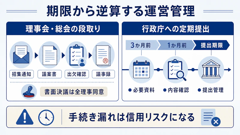 期限から逆算する運営管理(理事会・総会の段取りと行政庁への定期提出)