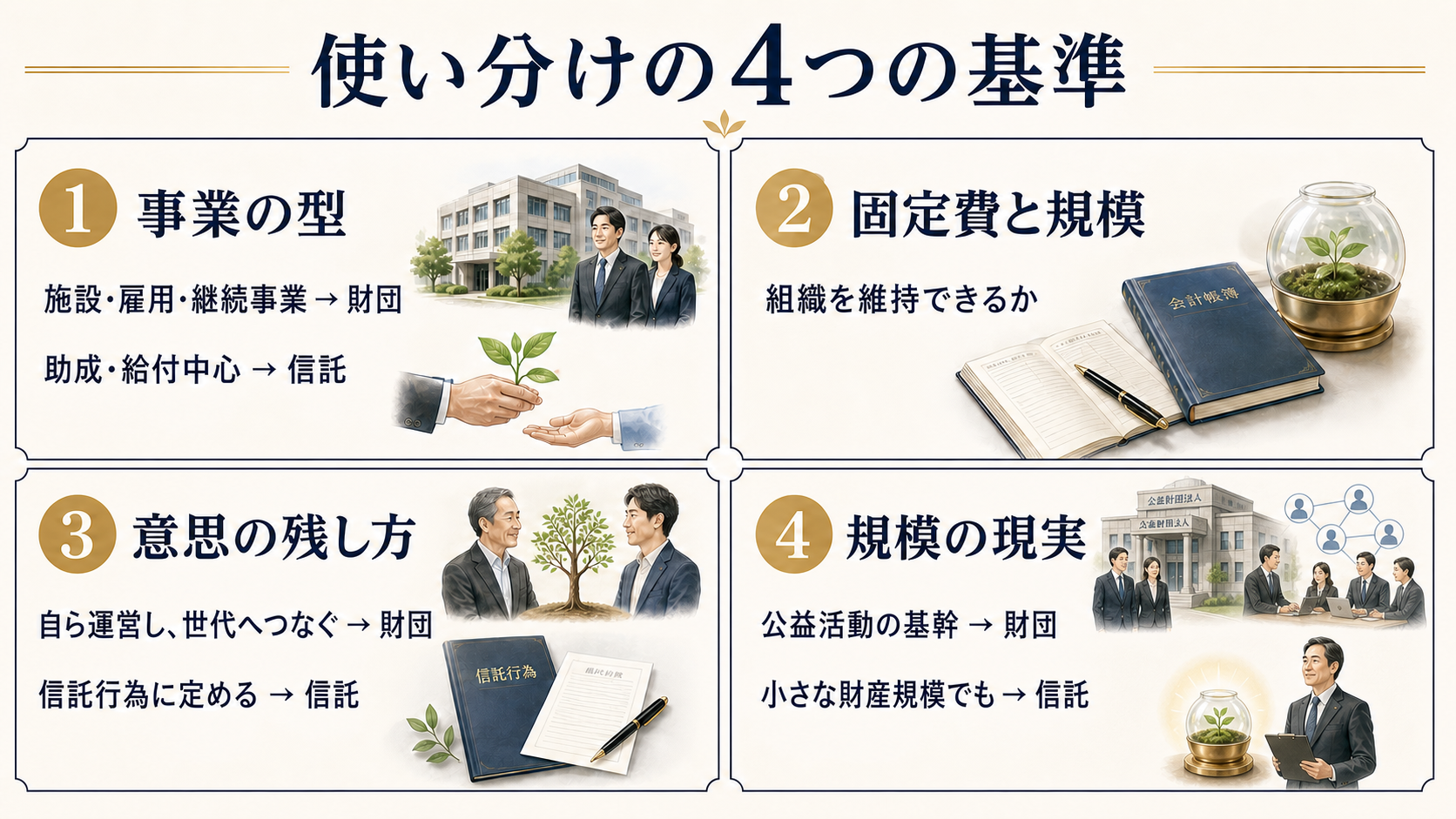 公益財団法人と公益信託を使い分けるための事業の型・固定費と規模・意思の残し方・規模の現実という4基準