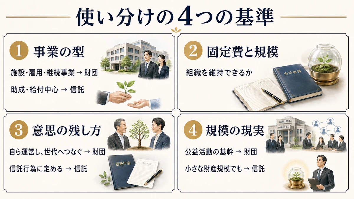 公益財団法人と公益信託を使い分けるための事業の型・固定費と規模・意思の残し方・規模の現実という4基準