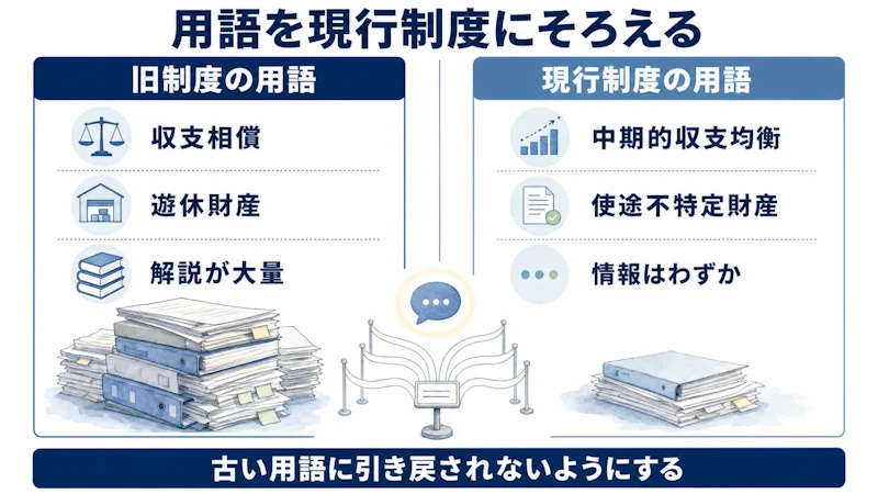 旧制度の用語と現行制度の用語を左右に並べた対比図