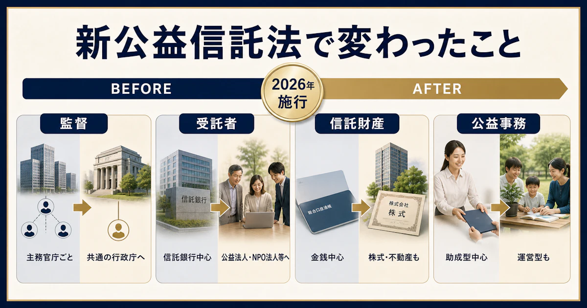 新公益信託法によって監督・受託者・信託財産・公益事務がどう変わったか
