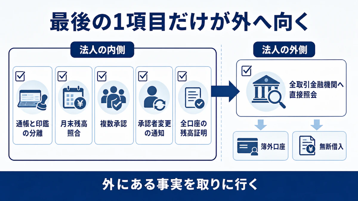 法人内部の5つの確認から、全取引金融機関への直接照会へ進み、簿外口座と無断借入を確認する流れ