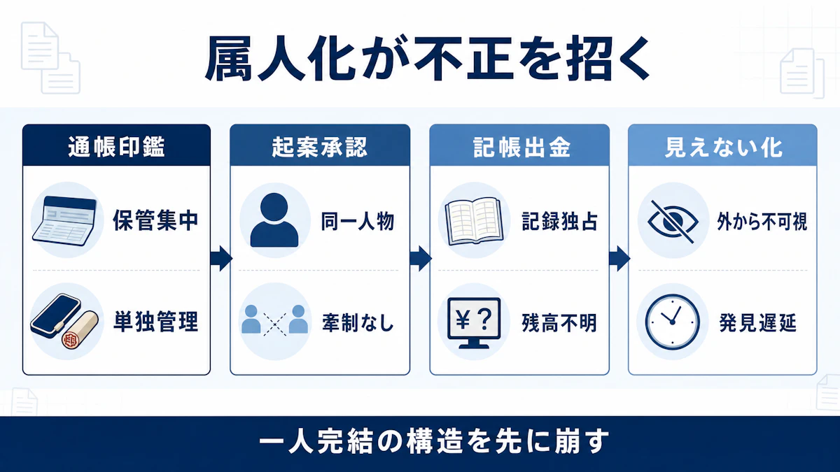 通帳・印鑑の保管、起案・承認、記帳・出金がひとりに集中し、外から見えなくなる属人化の構造