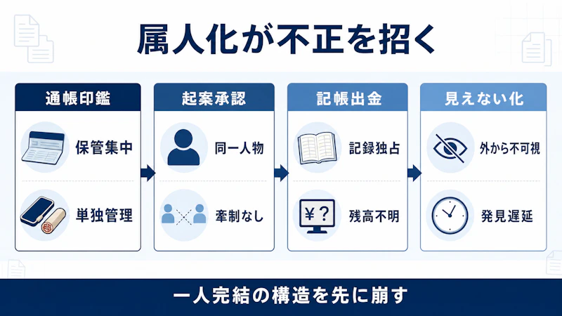 通帳・印鑑の保管、起案・承認、記帳・出金がひとりに集中し、外から見えなくなる属人化の構造