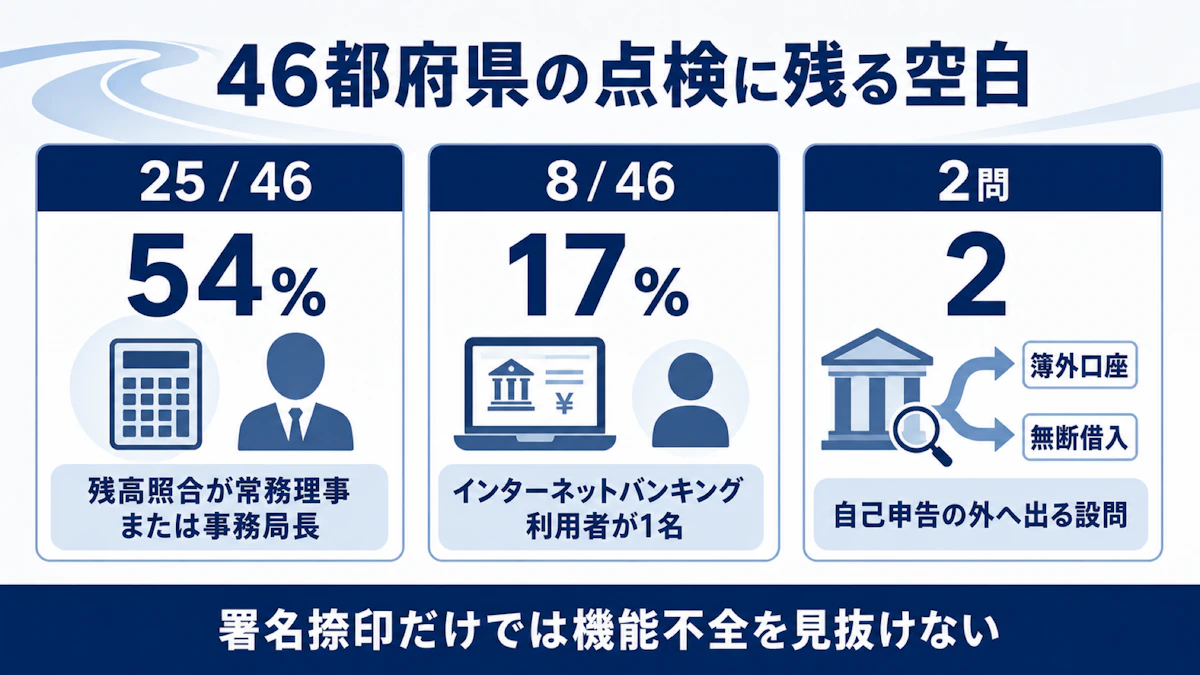 46都府県の点検結果。残高照合が常務理事または事務局長は25会54%、インターネットバンキング利用者1名は8会17%、自己申告の外へ出る設問は2問
