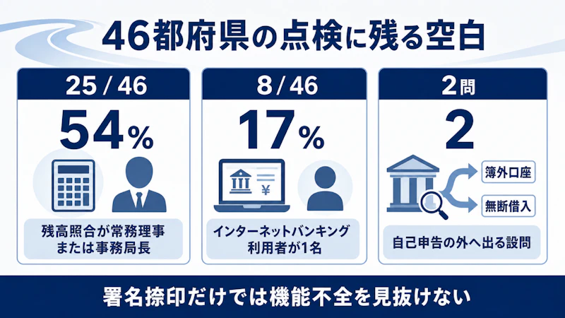 46都府県の点検結果。残高照合が常務理事または事務局長は25会54%、インターネットバンキング利用者1名は8会17%、自己申告の外へ出る設問は2問