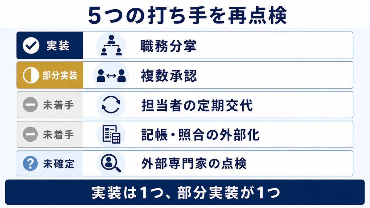 5つの打ち手の実装状況。職務分掌は実装、複数承認は部分実装、定期交代と外部化は未着手、外部点検は未確定