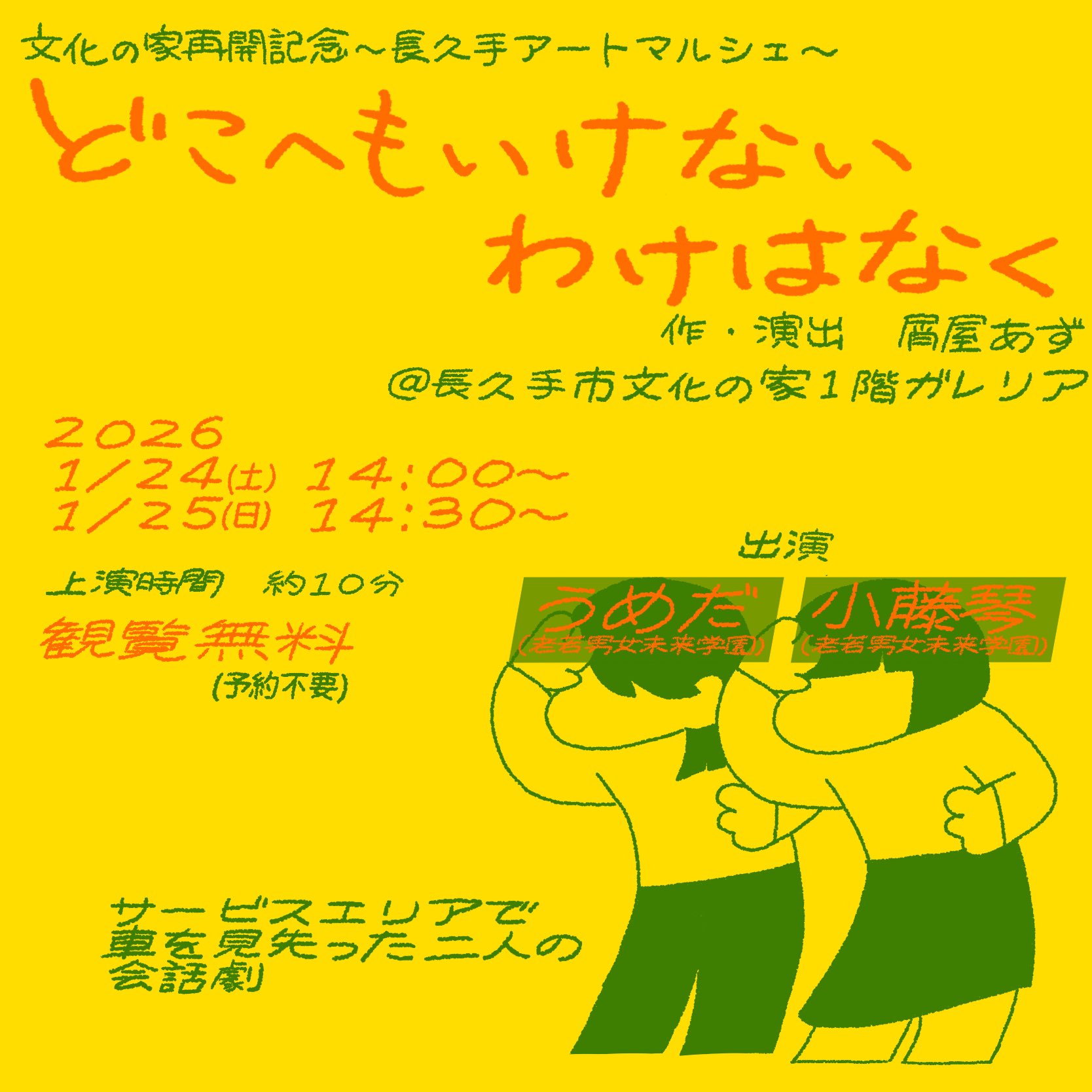 演劇作品「どこへもいけないわけはなく」フライヤー画像。黄色の背景に、緑色とオレンジ色の手書き風の文字でタイトルが大きく描かれている。右下には、二人の人物が横並びになってなにかを探しているイラスト。上部に「文化の家再開記念〜長久手アートマルシェ〜」とあり、作・演出、会場、2026年1月24日・25日の公演日時、上演時間約10分、観覧無料（予約不要）、出演者名などの公演情報が記載されている。