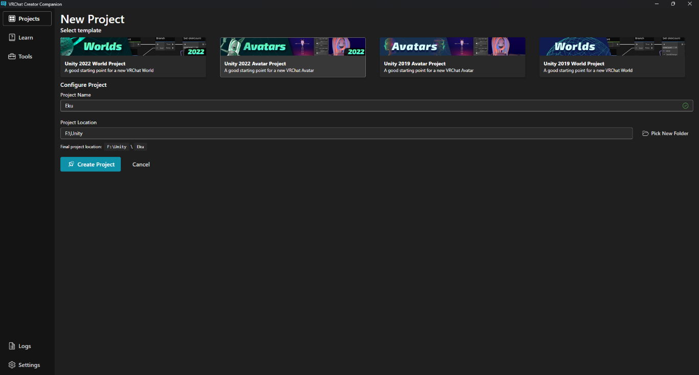 VCCのNewProject画面