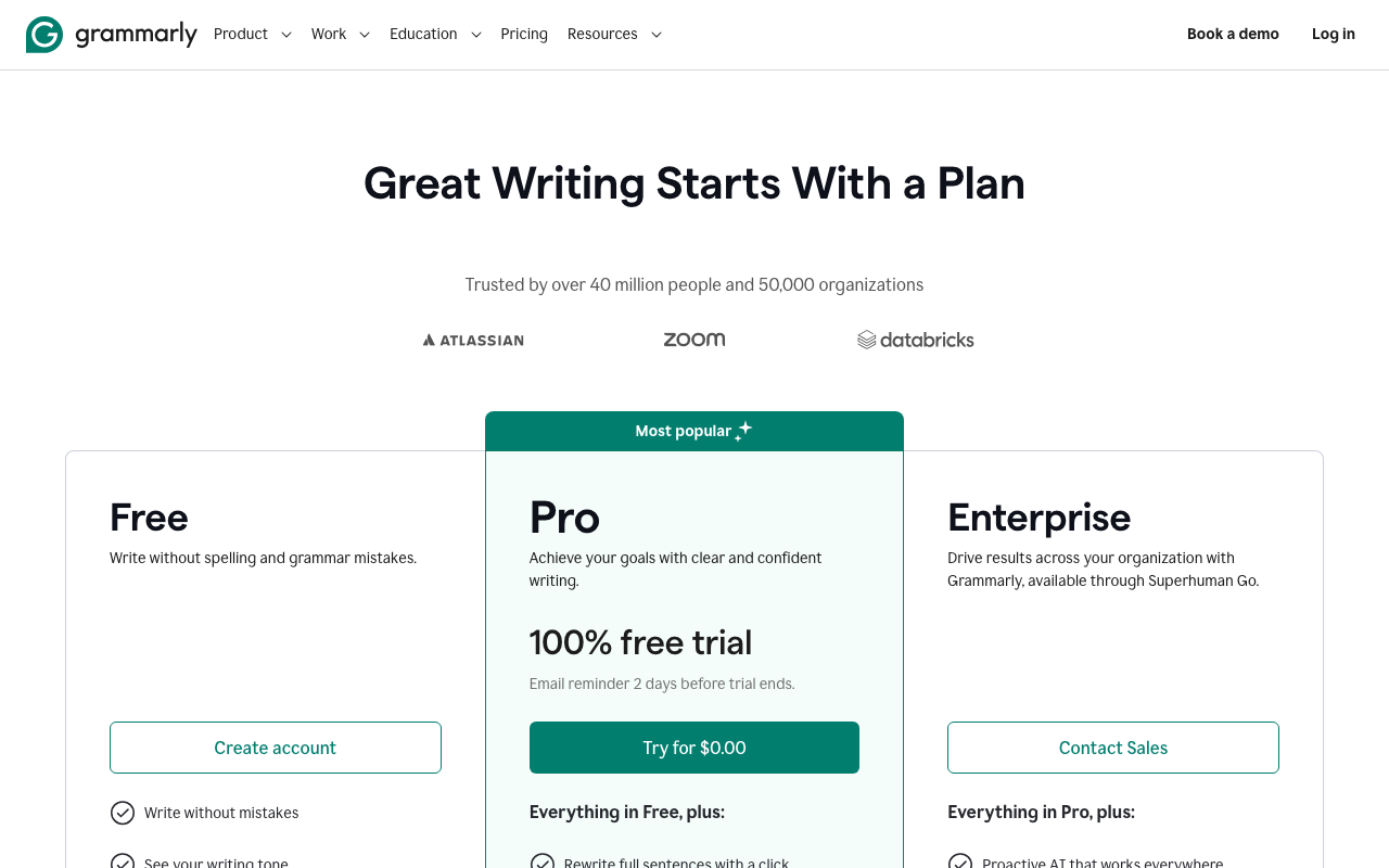 Grammarly 公式料金ページスクリーンショット