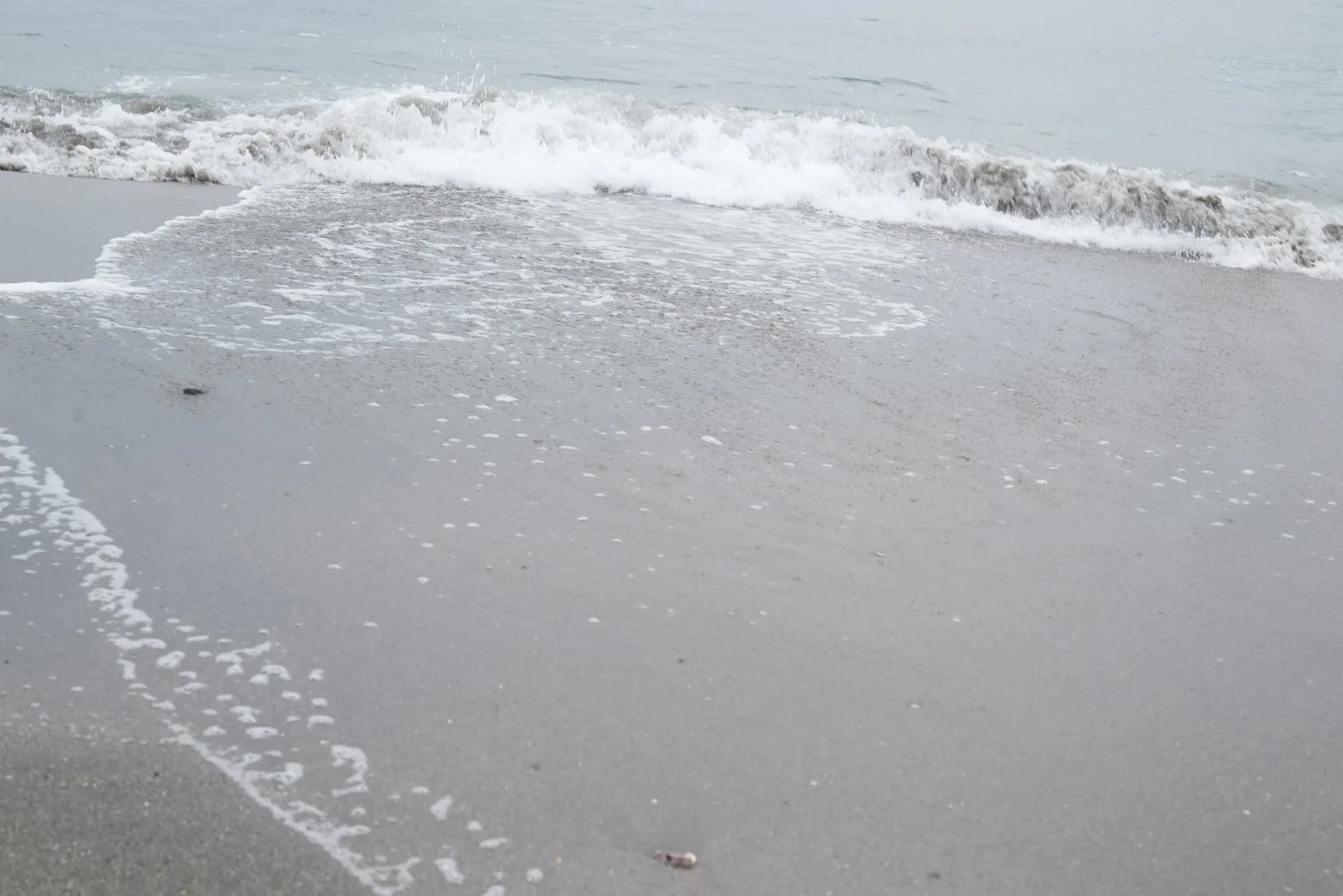波打ち際で白い泡を立てながら砂浜に広がる波