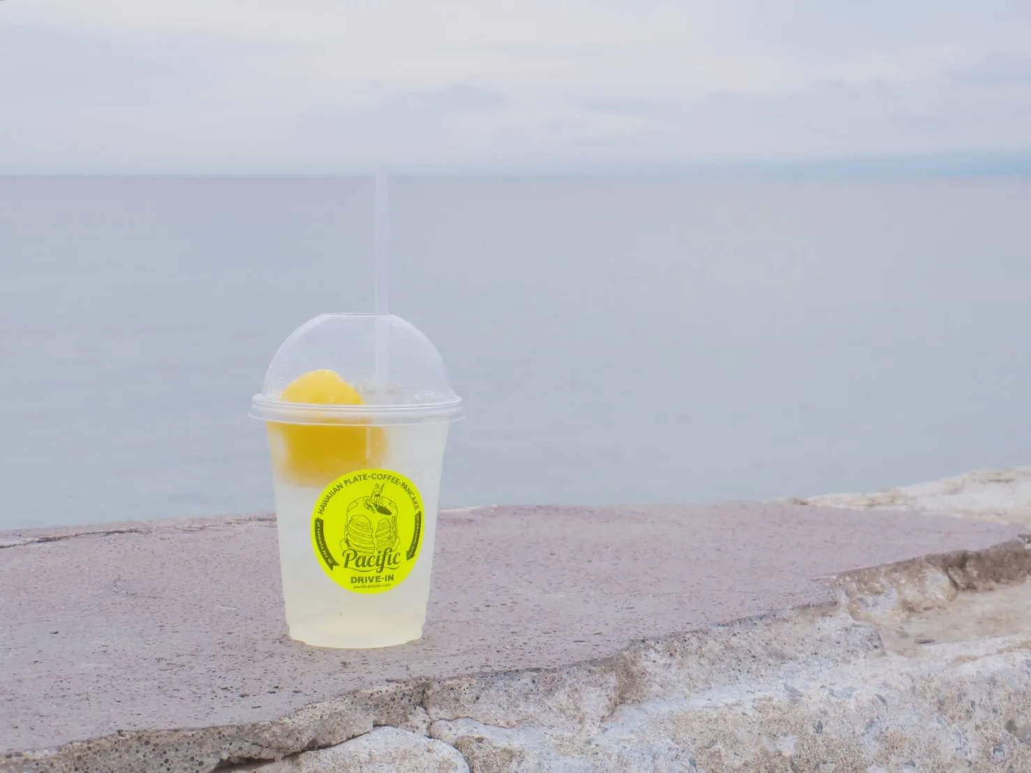 防波堤の上に置かれたドリンクショップのカップ、奥に曇り空の海が広がる