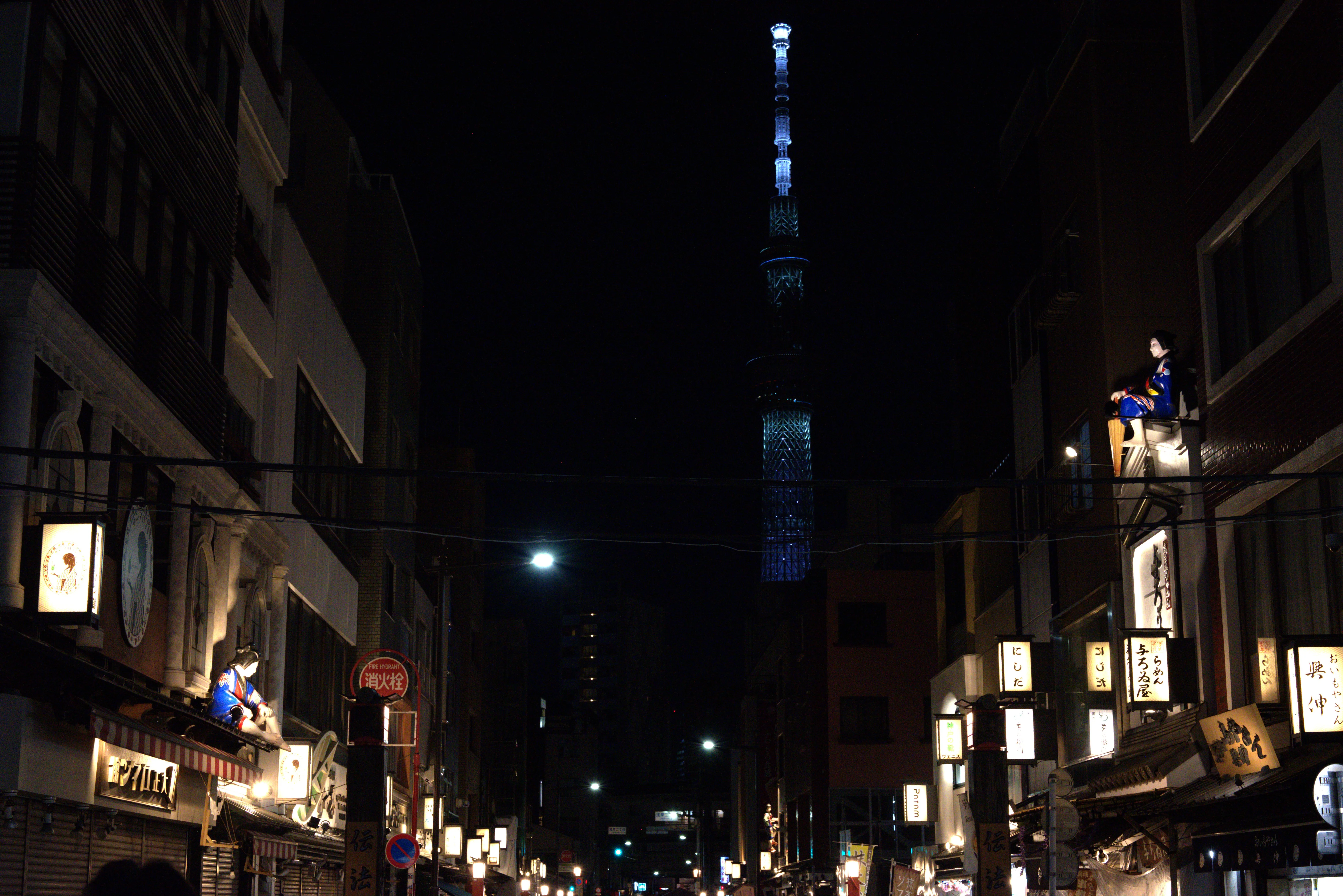 夜の浅草の商店街と奥に見える東京スカイツリー
