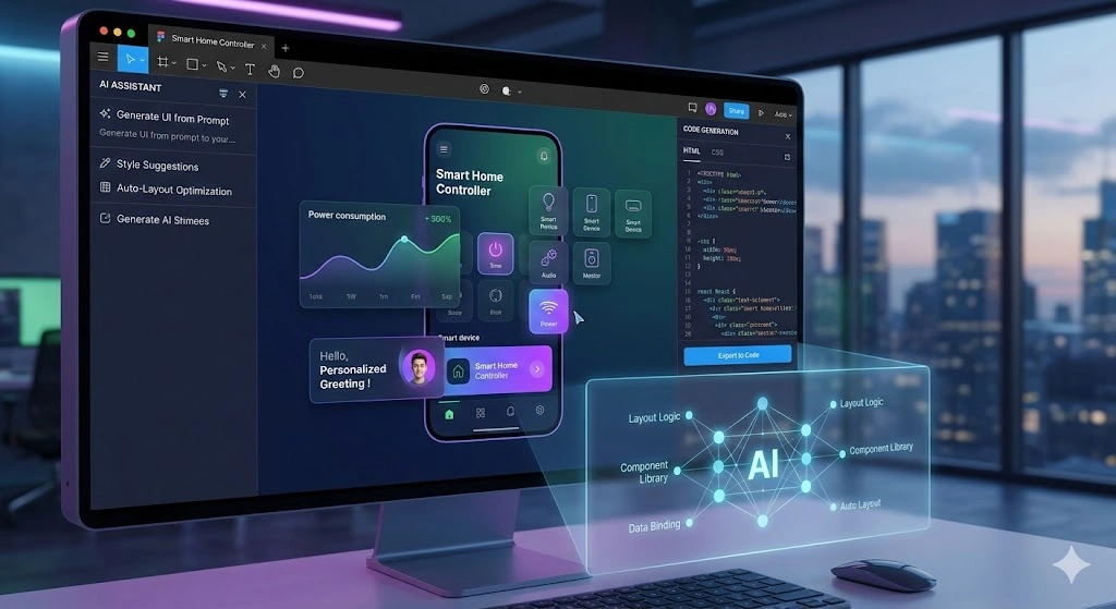 AIが統合されたFigmaのインターフェース。UI生成と同時にコードもプレビューされている。