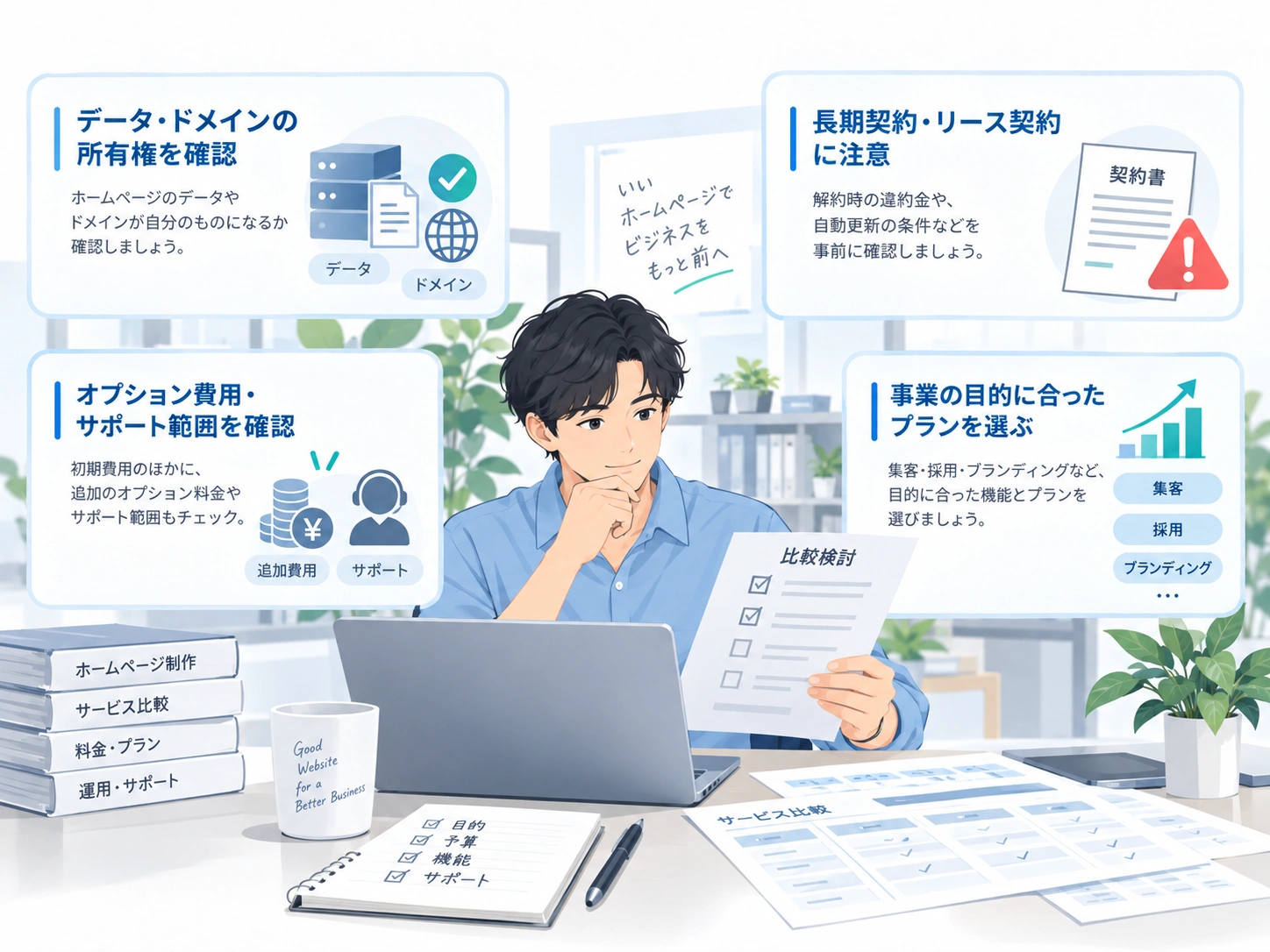 低価格なホームページ制作会社を選ぶ際に確認したい、ドメインの所有権・長期契約・追加費用・サポート範囲のチェックポイントを示した図解