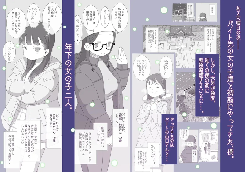 ある大雪の冷たい夜僕の家の布団の中でバイト先の女の子達が内緒で密着あたためえっちしてくれた。 サンプル1