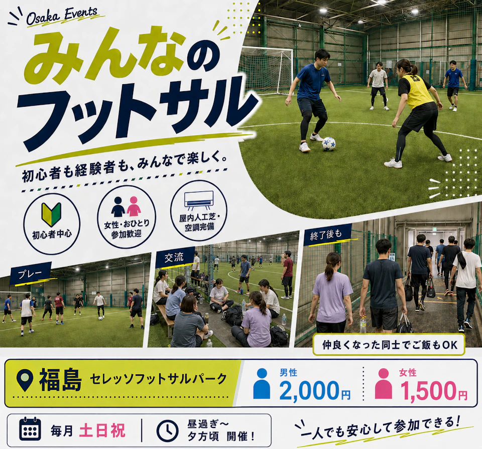 初心者歓迎「みんなのフットサル」屋内人工芝コートで男女がフットサルを楽しむイベント