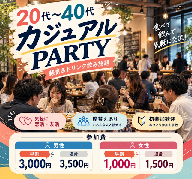 20代〜40代 カジュアルPARTYの告知画像。カフェレストラン風の空間で、複数の男女が軽食やドリンクを囲んで交流する様子と、男女別の早割・通常料金を掲載。