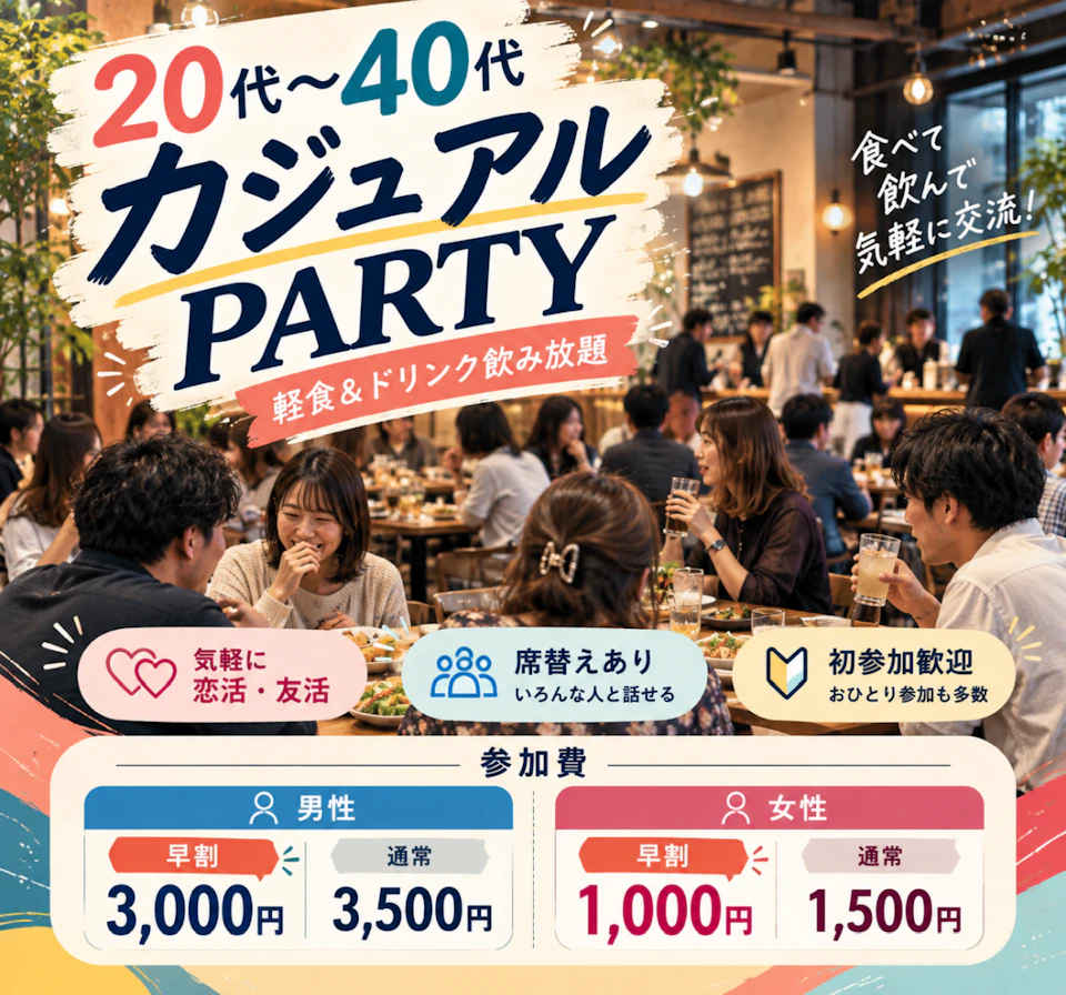 20代〜40代 カジュアルPARTYの告知画像。カフェレストラン風の空間で、複数の男女が軽食やドリンクを囲んで交流する様子と、男女別の早割・通常料金を掲載。