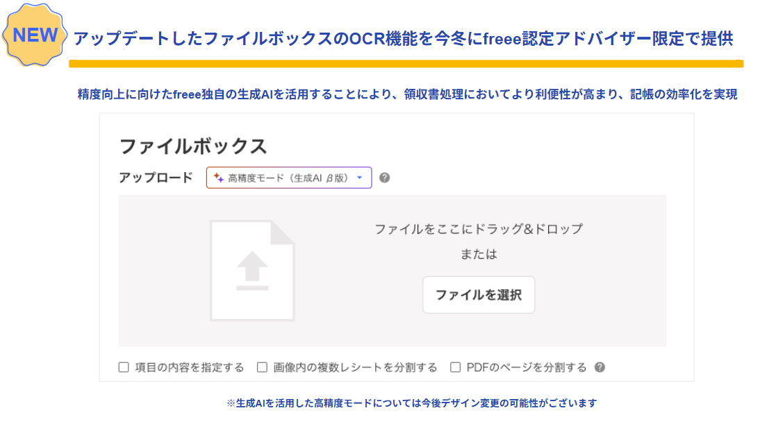 
画像は、**「NEW アップデートしたファイルボックスのOCR機能を今冬にfreee認定アドバイザー限定で提供」**という見出しで、freeeのファイルボックス機能のアップデートを告知する画面イメージです。
この新しい機能では、精度向上に向けたfreee独自の生成AIを活用することにより、領収書処理における利便性が高まり、記帳の効率化を実現すると説明されています。
画面には「ファイルボックス」のアップロード画面が表示されており、「高精度モード（生成AI β版）」という選択肢が確認できます。ユーザーはファイルをドラッグ＆ドロップするか、ファイルを選択してアップロードできます。画面の下部には、「項目の内容を指定する」「画像内の複数レシートを分割」「PDFのページを分割」のチェックボックスがあり、生成AIを活用した高精度モードについては今後デザイン変更の可能性があるとの注釈が付いています。