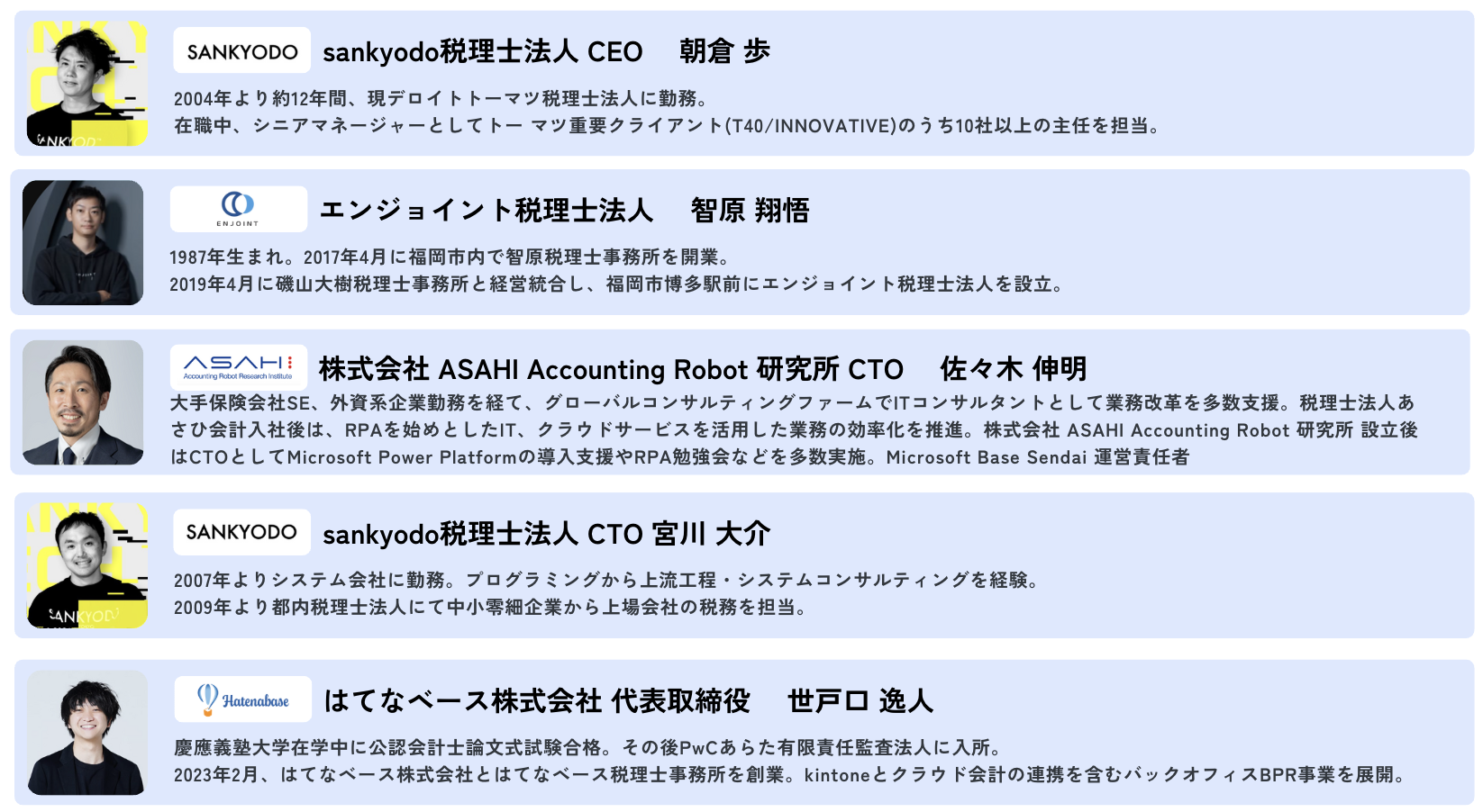 この画像は、freee会計の研修プログラムに関連する5人の専門家を紹介しています。上から順に、sankyodo税理士法人の朝倉歩CEO、エンジョイント税理士法人の智原翔悟氏、株式会社ASAHI Accounting Robot研究所の佐々木伸明CTO、sankyodo税理士法人の宮川大介CTO、そしてはてなベース株式会社の世戸口逸人代表取締役の顔写真と経歴が掲載されています。