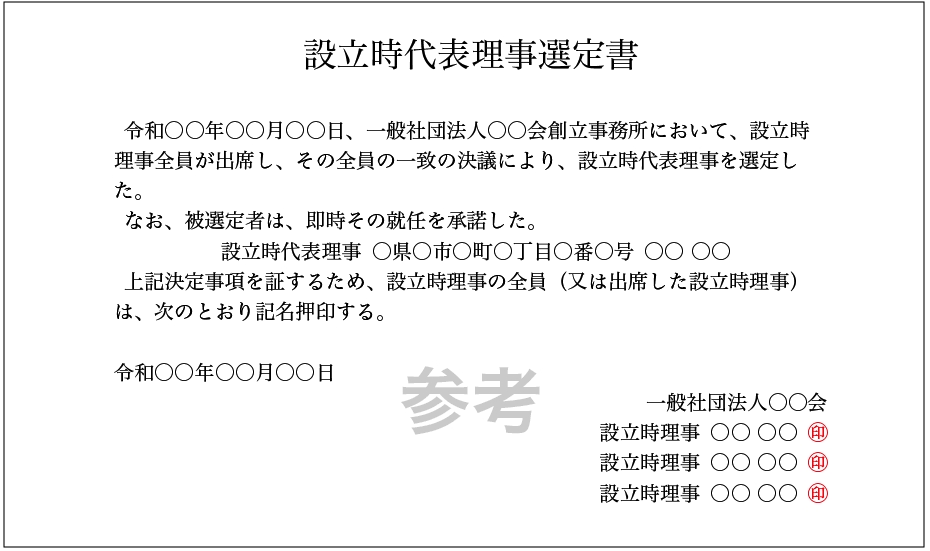 設立時代表理事選定書
