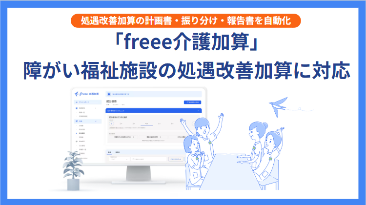 青い背景に「freee介護加算」という文字が大きく書かれた、ソフトウェアの宣伝画像です。上部にはオレンジ色の帯で「処遇改善加算の計画書・振り分け・報告書を自動化」と書かれています。その下の大きな文字で「障がい福祉施設の処遇改善加算に対応」と書かれており、介護・福祉事業者向けのサービスであることがわかります。
画面の左側には、パソコンの画面に表示されたソフトウェアのインターフェースが写っており、グラフや数字、メニュー項目が見えます。画面の右側には、テーブルを囲んで笑顔で話している複数の人々が、青い線画で描かれています。また、彼らの上空には鳥が飛んでおり、全体的に明るく親しみやすい雰囲気のデザインです。