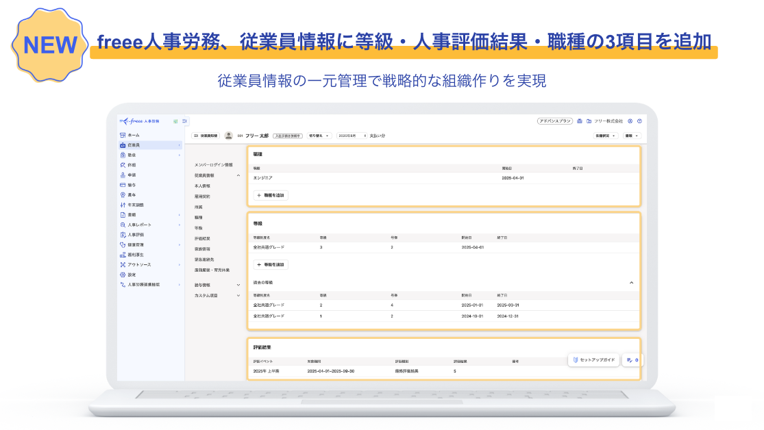 freee人事労務の画面です。従業員情報に、等級、人事評価結果、職種の3項目が追加されたことを紹介しています。